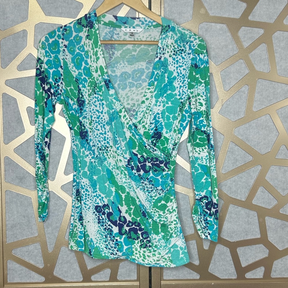 Cabi Style #966 Womens Blue Green Printed Faux Wrap Knit Surplice Top